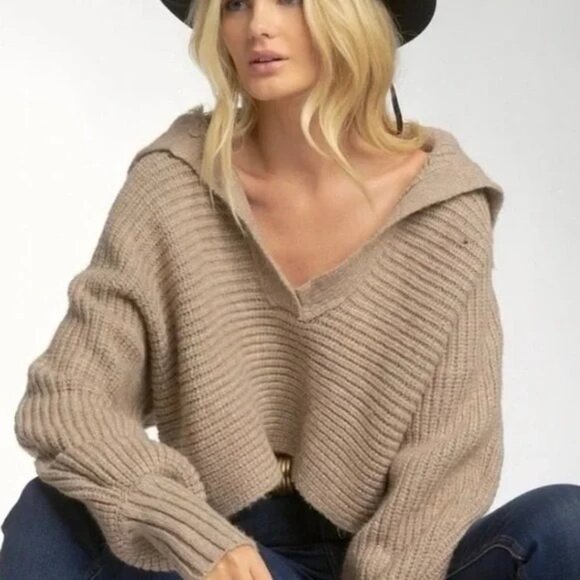 House of Harlow 1960 Sweaters - House Of Harlow 1960 - Balloon Sleeve Collar V-Neck Chunky Crop Brown Sweater L